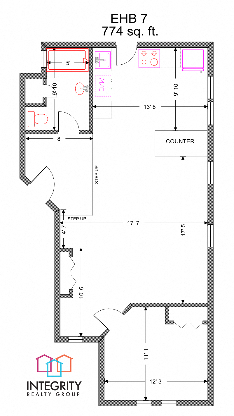 Floor plan for 1 bed, 1 bath, 774 sqft